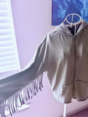 Fringe Sleeve Zip-Up Hoodie